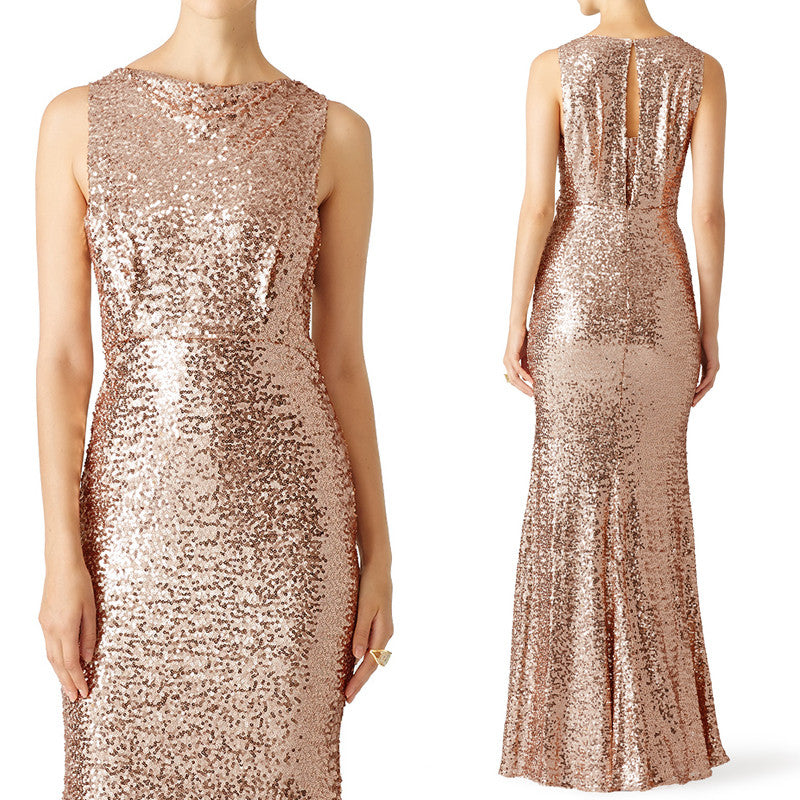 MACloth Meerjungfrau Träger Pailletten Langes Brautjungfernkleid Roségold Formales Abendkleid