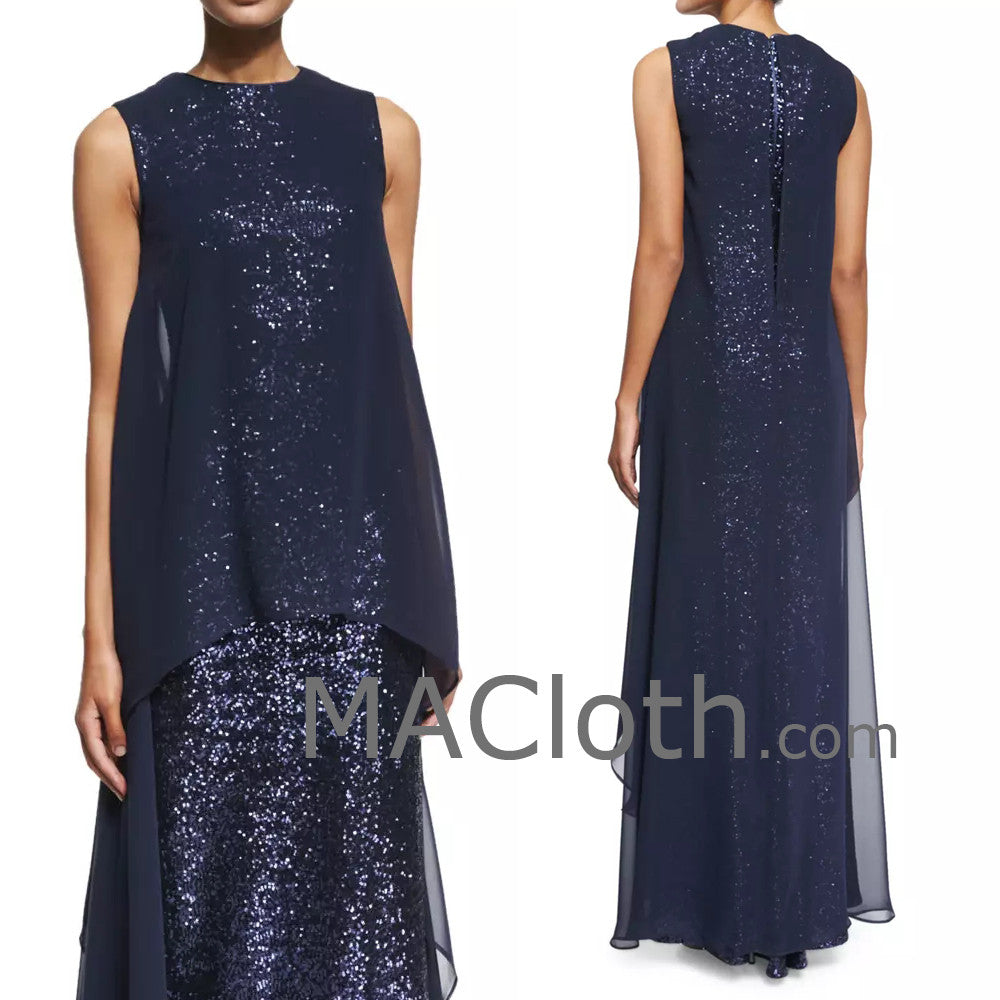 MACloth Damen-Abendkleid mit langen Trägern und Pailletten aus Chiffon in Dunkelmarineblau