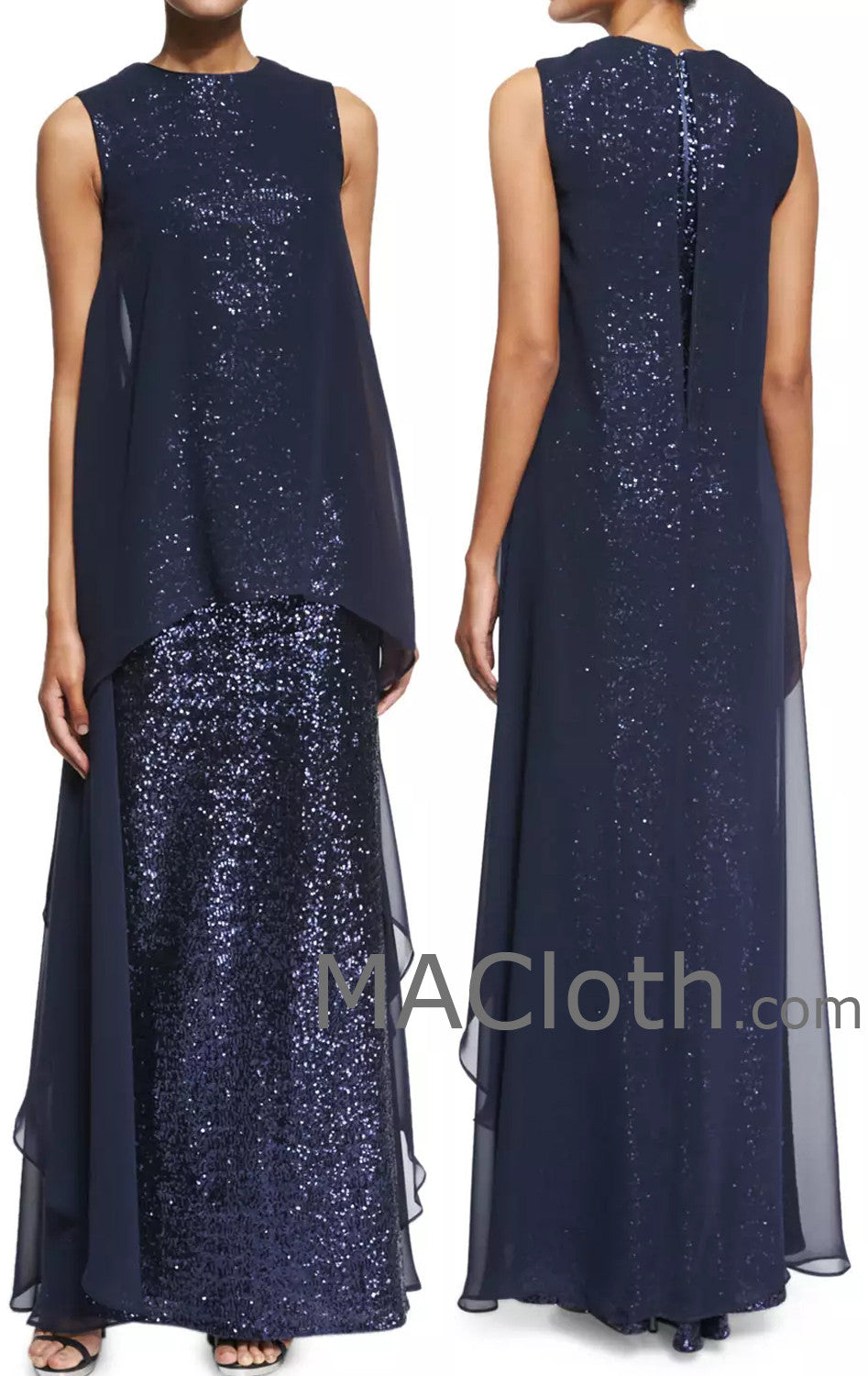 MACloth Damen-Abendkleid mit langen Trägern und Pailletten aus Chiffon in Dunkelmarineblau