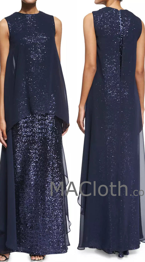 MACloth Women Straps Long Sequin Chiffon Dark Navy Formal Evening Gown