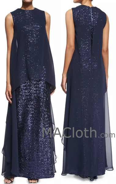 MACloth Women Straps Long Sequin Chiffon Dark Navy Formal Evening Gown