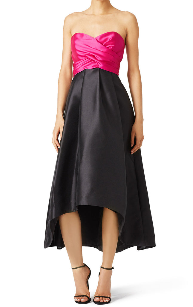 MACloth Strapless Satin Hi-Lo Prom Dress Fuchsia Cocktail Formal Gown
