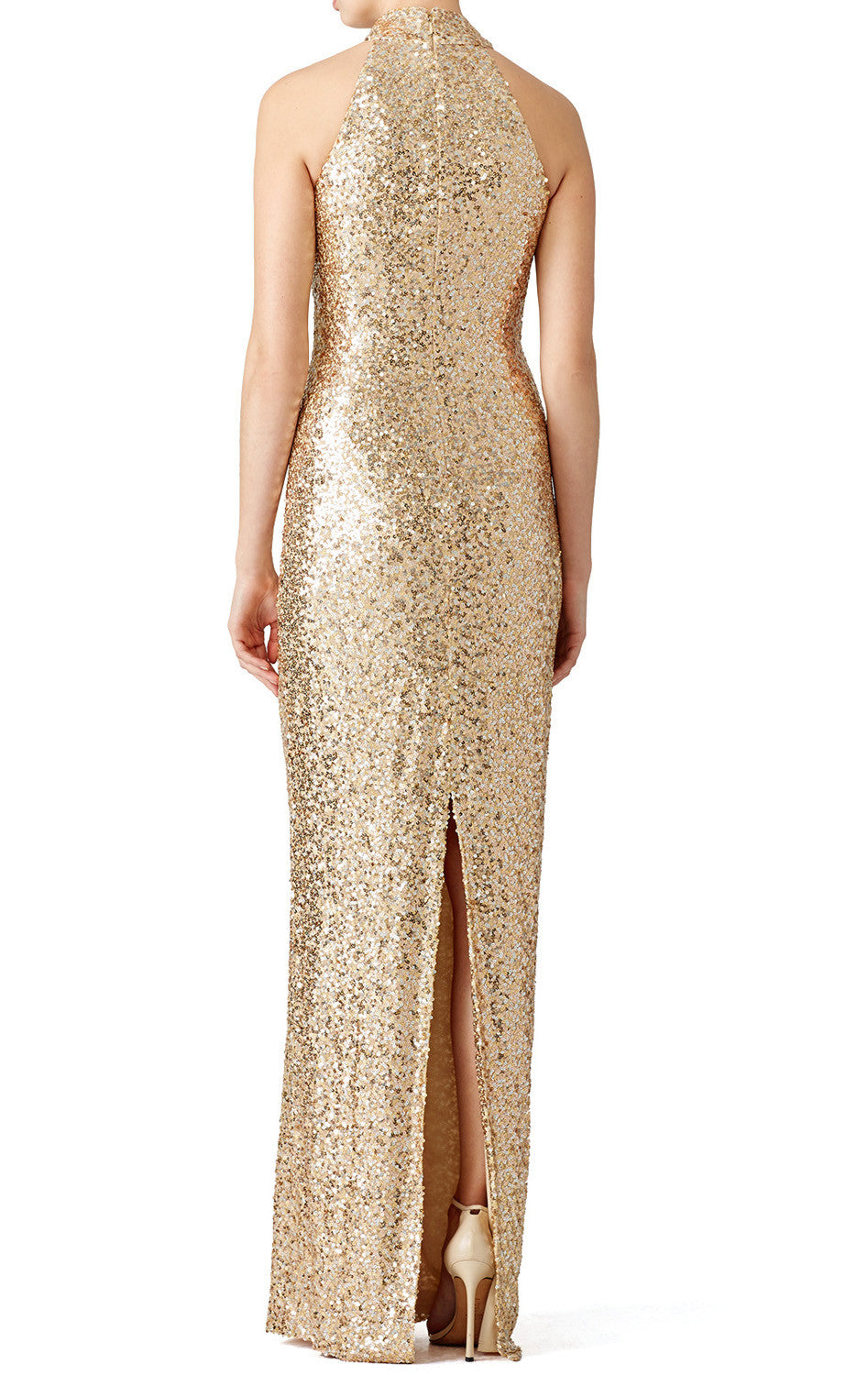 Vestido de fiesta largo con lentejuelas y cuello alto de MACloth, vestido de noche formal dorado, vestido de dama de honor