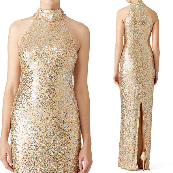 MACloth High Neck Sequin Long Prom Dress Gold Formal Evening Gown Bridesmaid Dress