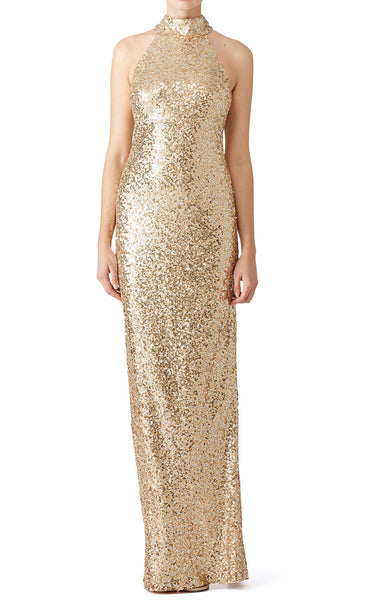 MACloth High Neck Sequin Long Prom Dress Gold Formal Evening Gown Bridesmaid Dress