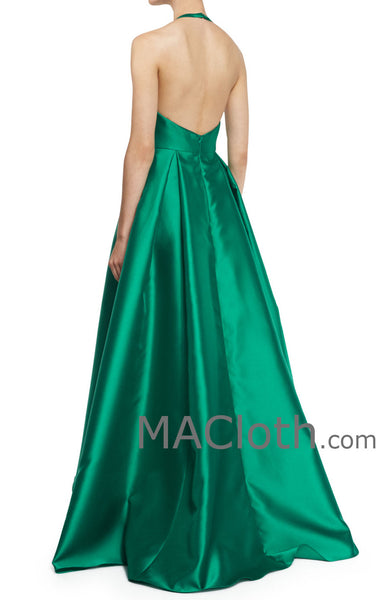 MACloth Women Halter Women A Line Satin Ball Gown V Neck Evening Dress