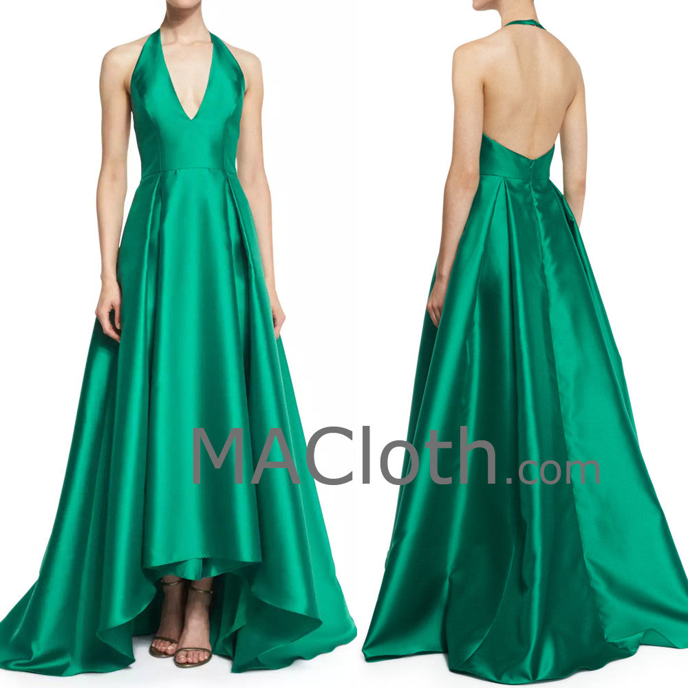 MACloth Damen Neckholder A-Linie Satin Ballkleid V-Ausschnitt Abendkleid
