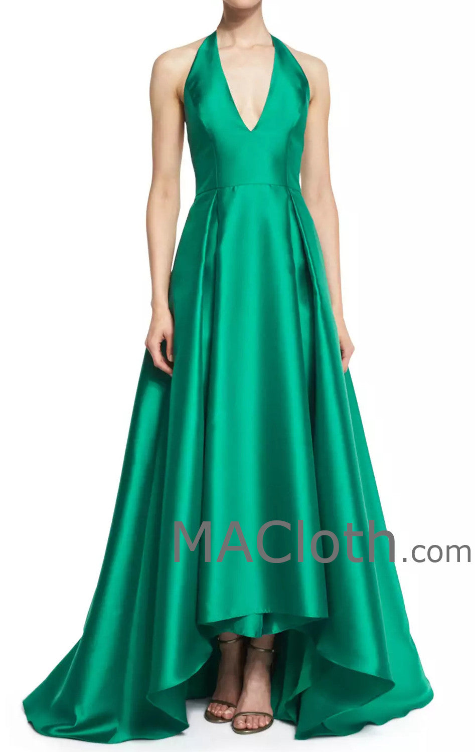 MACloth Damen Neckholder A-Linie Satin Ballkleid V-Ausschnitt Abendkleid