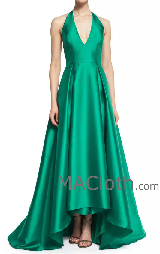 MACloth Damen Neckholder A-Linie Satin Ballkleid V-Ausschnitt Abendkleid