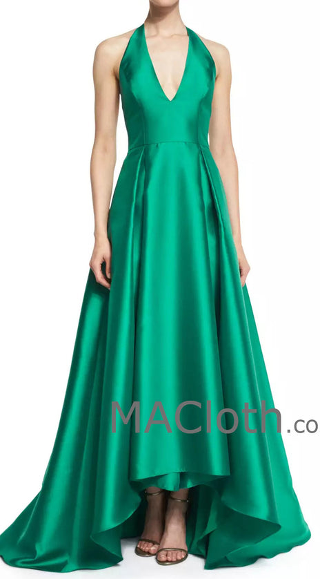 MACloth Women Halter Women A Line Satin Ball Gown V Neck Evening Dress