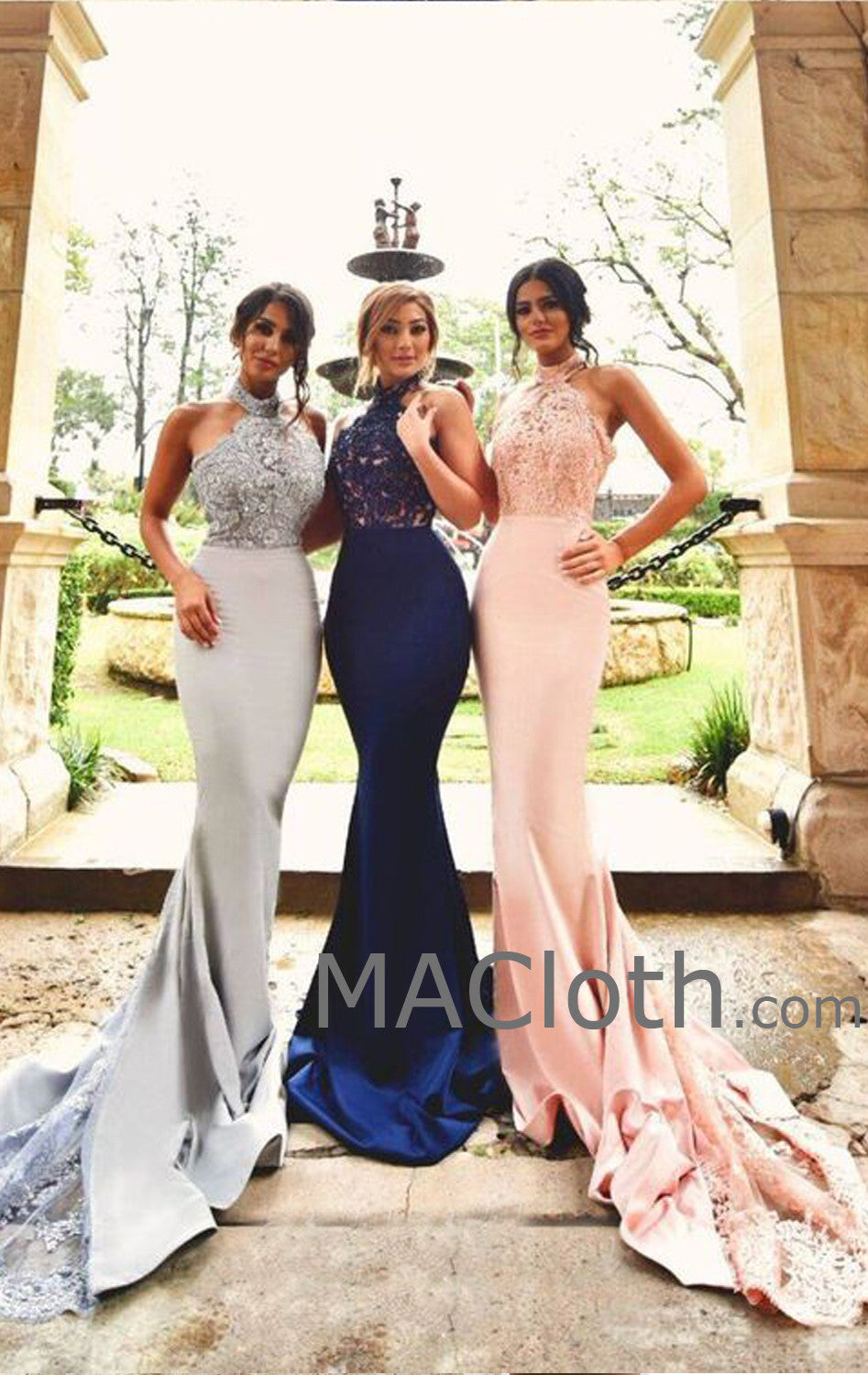 Vestido de fiesta de noche, de fiesta de boda, de jersey, con escote halter y encaje, de MACloth, color azul real, rosa y plateado