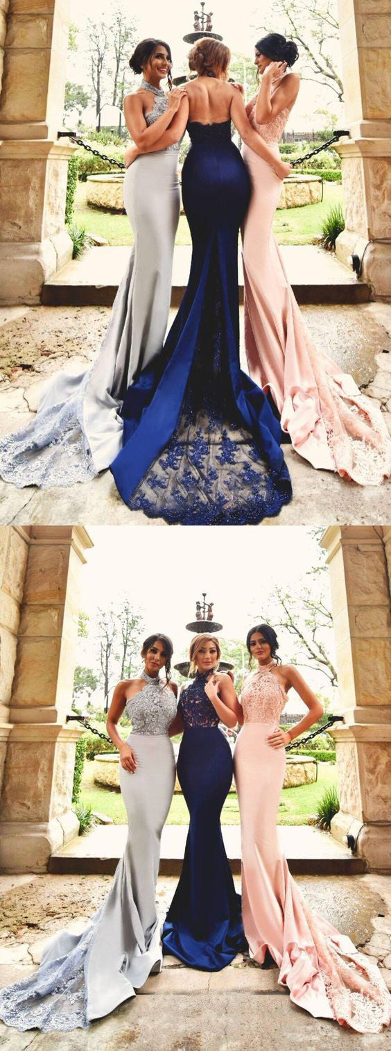 Vestido de fiesta de noche, de fiesta de boda, de jersey, con escote halter y encaje, de MACloth, color azul real, rosa y plateado