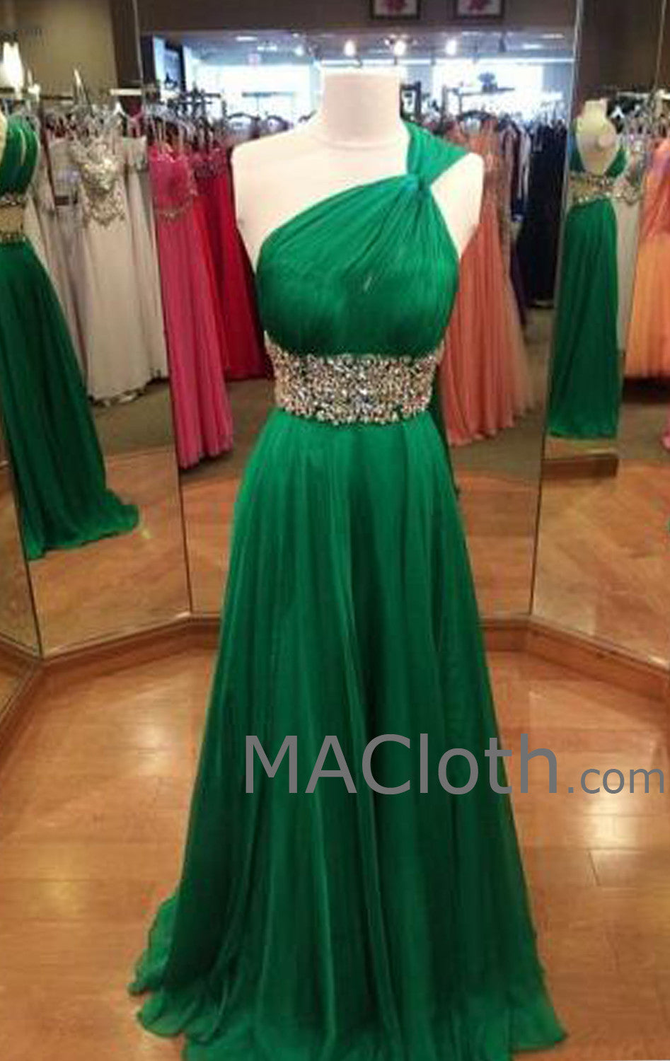 MACloth One-Shoulder A-Linie Langes Chiffon-Grünes Ballkleid Abendkleid Hochzeitsfeier Formelle Kleider