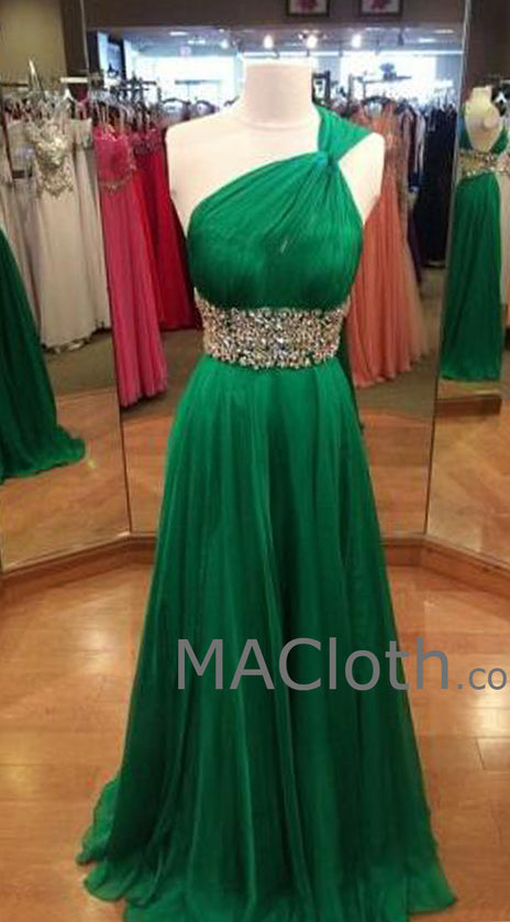 MACloth One Shoulder A Line Long Chiffon Green Prom Dress Evening Gown Wedding Party Formal Dresses