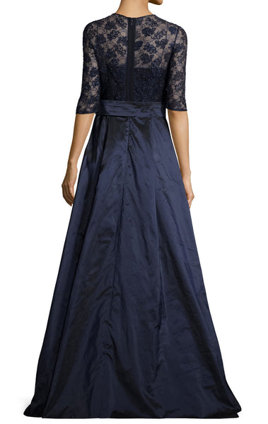 MACloth Women Half Sleeves Lace Taffeta Long Evening Gown Dark Navy Mother of the Brides Dress Evening Gown