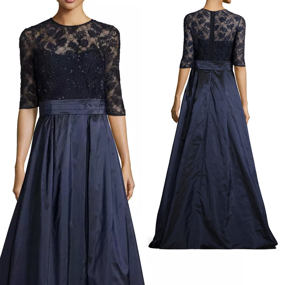 MACloth Damen Abendkleid mit halblangen Ärmeln, Spitze, Taft, lang, Dunkelmarineblau, Kleid für die Brautmutter