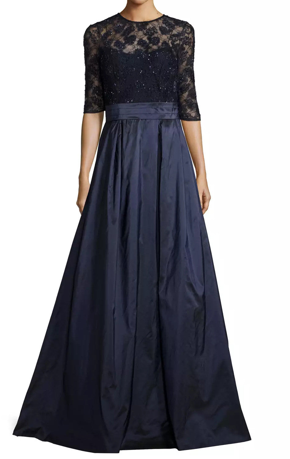 MACloth Damen Abendkleid mit halblangen Ärmeln, Spitze, Taft, lang, Dunkelmarineblau, Kleid für die Brautmutter