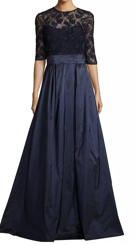 MACloth Women Half Sleeves Lace Taffeta Long Evening Gown Dark Navy Mother of the Brides Dress Evening Gown