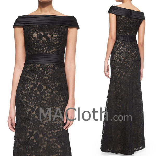 MACloth Women Off the Shoulder Mermaid Lace Long Evening Gown Black Formal Dress