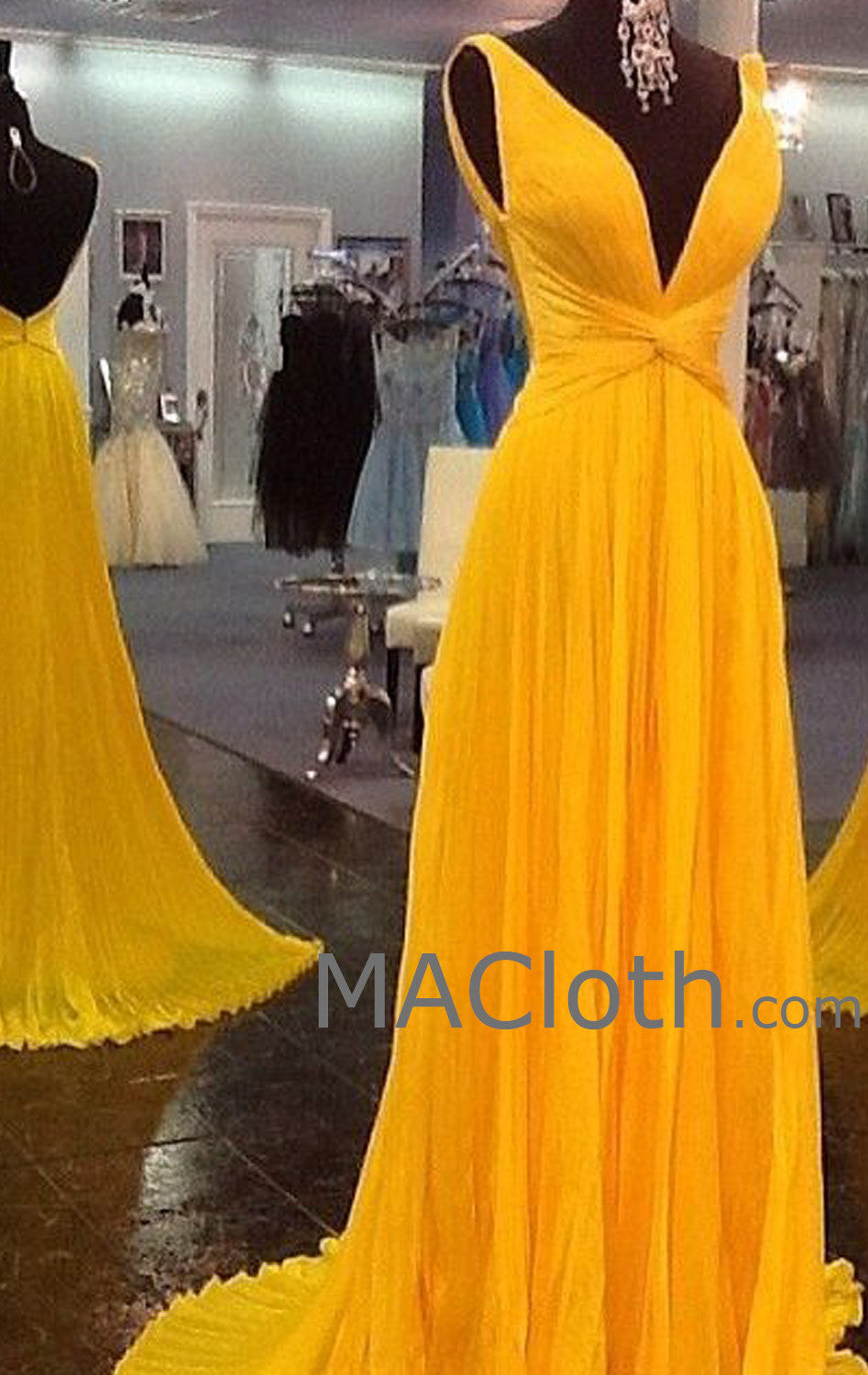 MACloth Straps V Neck A Line Chiffon Yellow Prom Evening Gown Wedding Party Formal Dress
