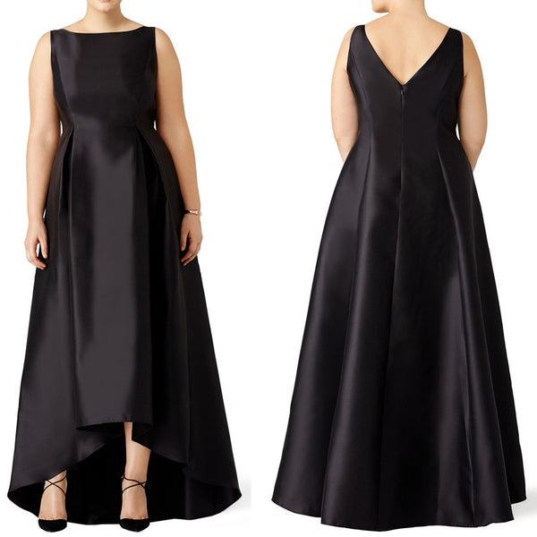 MACloth Straps High Neck Satin Hi-Lo Prom Dress Plus Size Black Evening Gown