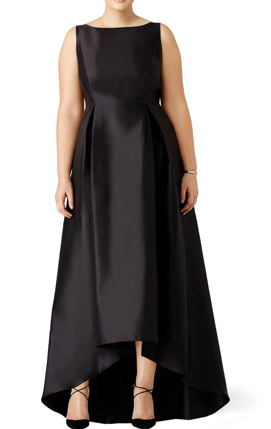 MACloth Straps High Neck Satin Hi-Lo Prom Dress Plus Size Black Evening Gown