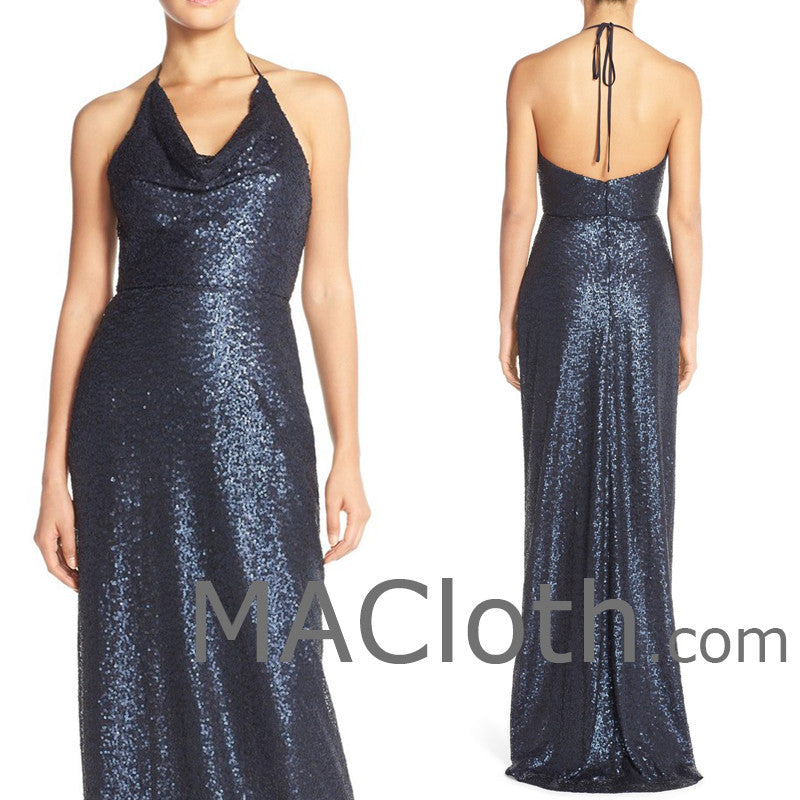 MACloth Damen Neckholder Pailletten Langes Brautjungfernkleid Hochzeit Party Abendkleid