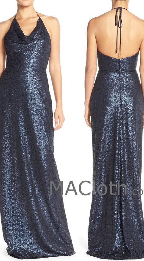 MACloth Women Halter Sequin Long Bridesmaid Dress Wedding Party Evening Gown