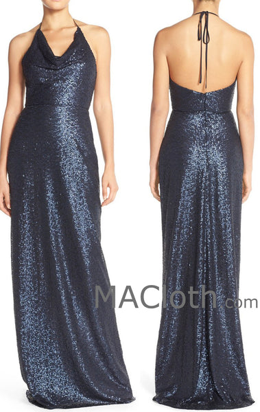 MACloth Women Halter Sequin Long Bridesmaid Dress Wedding Party Evening Gown