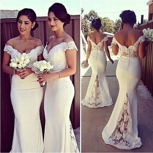 MACloth Mermaid Off the Shoulder Lace Jersey White Prom Dress Evening Gown Wedding party Bridesmaid Dresses