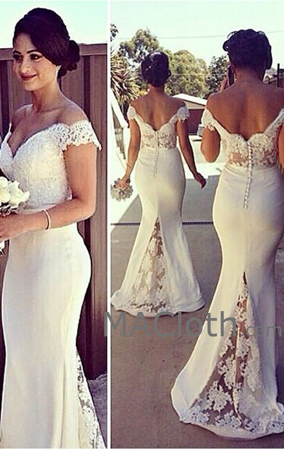 MACloth Meerjungfrau schulterfrei Spitzenjersey weiß Ballkleid Abendkleid Hochzeitsfeier Brautjungfernkleider