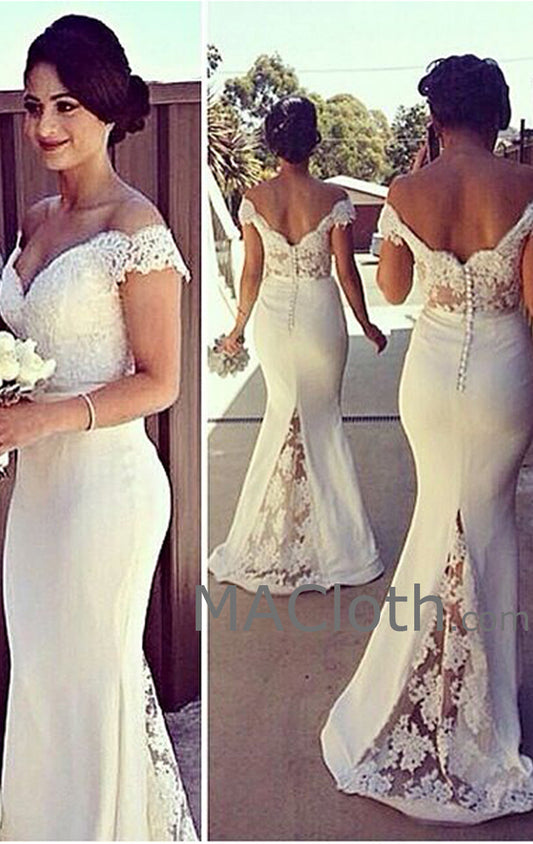 Vestido de fiesta de noche de encaje de jersey blanco con hombros descubiertos de MACloth, sirena, para boda, fiesta, dama de honor