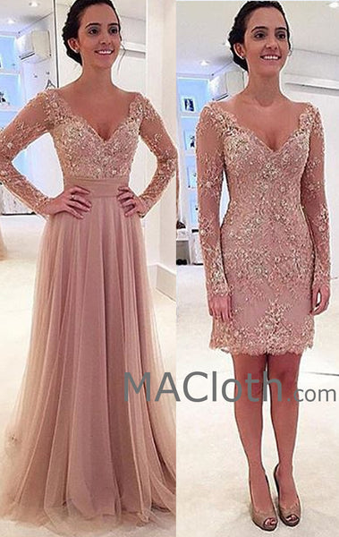 MACloth Two Piece Long Sleeves Lace Pearl Pink Evening Gown Wedding Party Dress