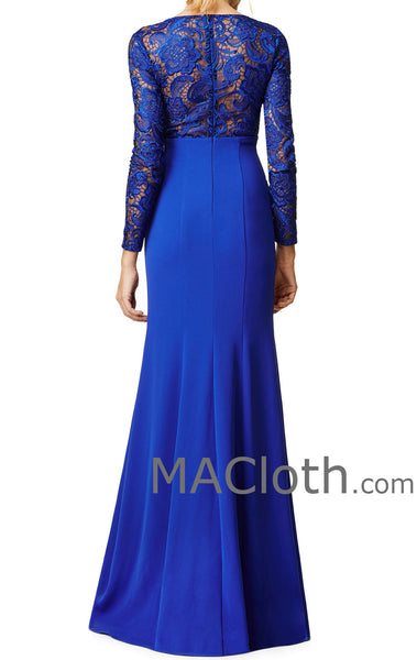 MACloth Women Mermaid Long Sleeves Lace Jersey Royal Blue Evening Gown Formal Dress