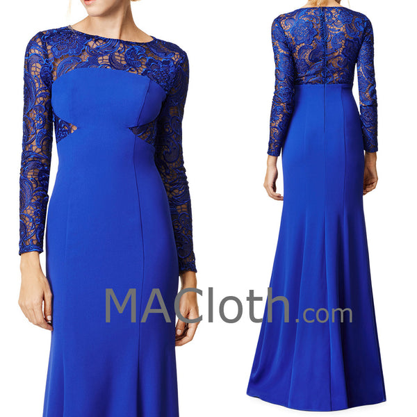 MACloth Women Mermaid Long Sleeves Lace Jersey Royal Blue Evening Gown Formal Dress