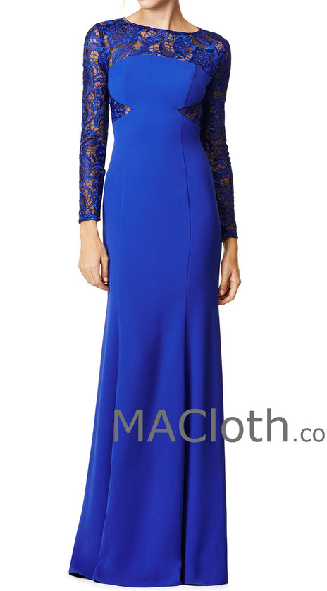 MACloth Women Mermaid Long Sleeves Lace Jersey Royal Blue Evening Gown Formal Dress