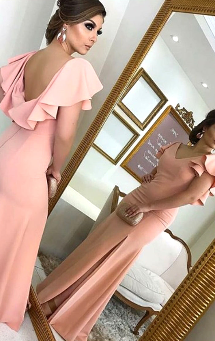 Vestido de fiesta largo de jersey con escote en V y corte tubo en rosa ruborizado de MACloth