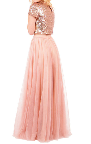 MACloth Two Piece Cap Sleeves Bridesmaid Dress Rose Gold Formal Gown