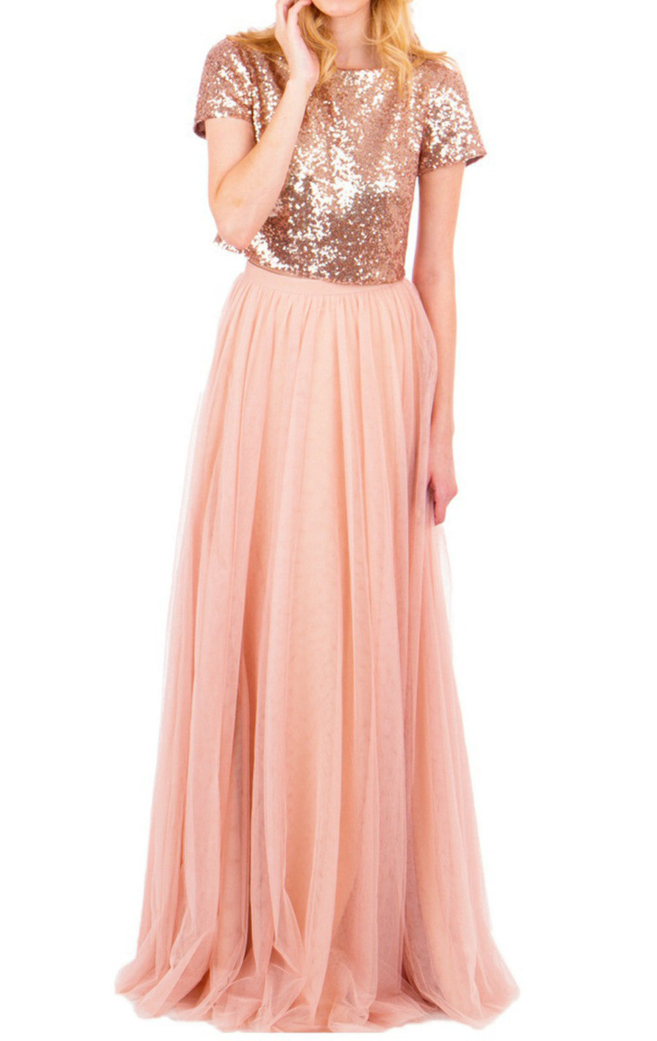 MACloth Two Piece Cap Sleeves Bridesmaid Dress Rose Gold Formal Gown
