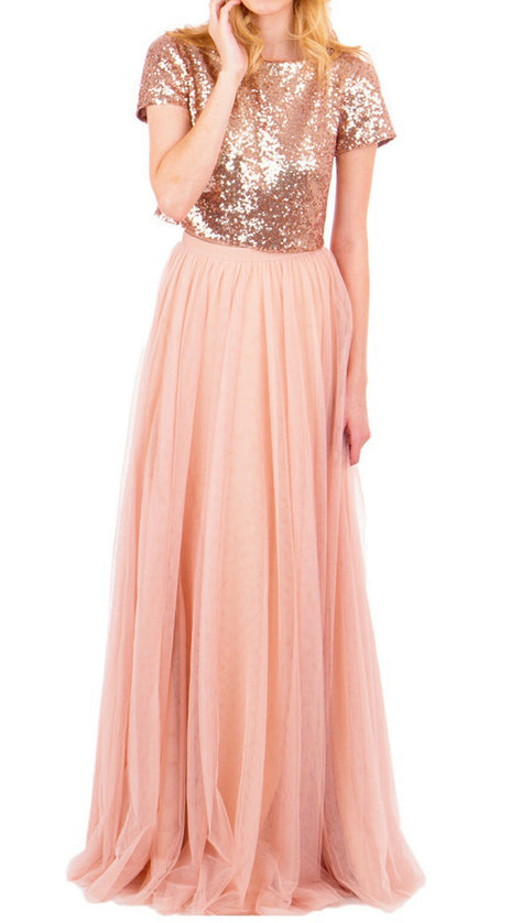 MACloth Two Piece Cap Sleeves Bridesmaid Dress Rose Gold Formal Gown