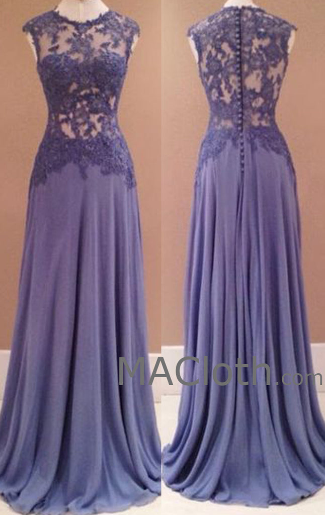MACloth Straps O Neck Long Chiffon Lace Evening Prom Formal Gown Wedding Party Dress