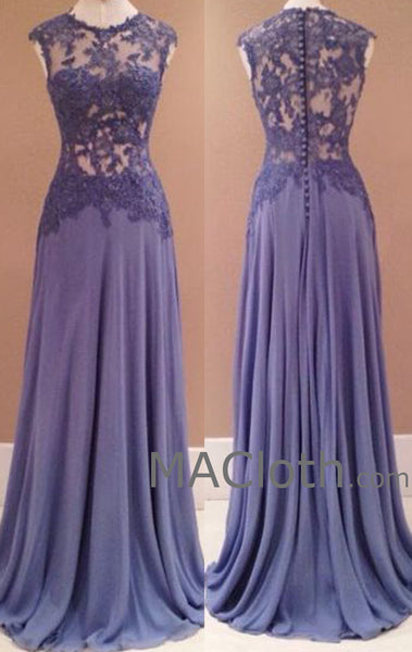 MACloth Straps O Neck Long Chiffon Lace Evening Prom Formal Gown Wedding Party Dress