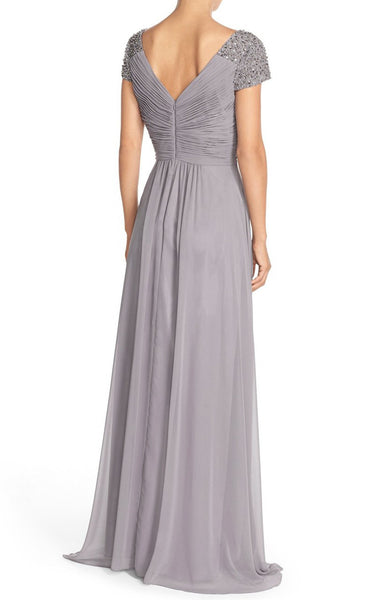 MACloth Straps V Neck Cap Sleeves Hi-Lo Chiffon Evening Gown Silver Mother of the Brides Dress