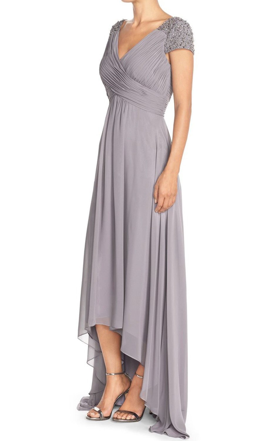 MACloth Träger V-Ausschnitt Flügelärmel Hi-Lo Chiffon Abendkleid Silber Kleid für die Mutter der Braut