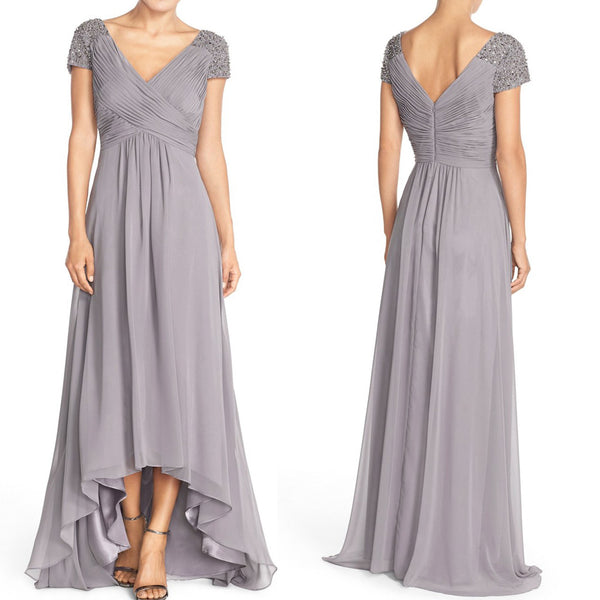 MACloth Straps V Neck Cap Sleeves Hi-Lo Chiffon Evening Gown Silver Mother of the Brides Dress