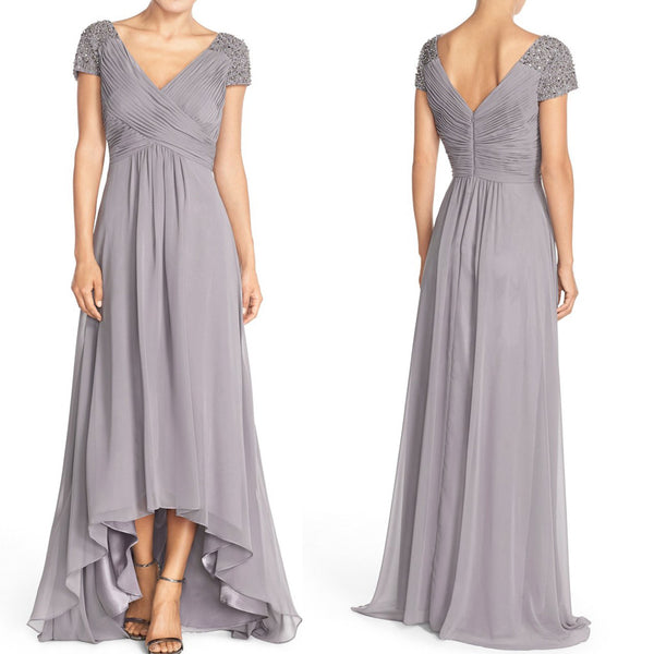 MACloth Straps V Neck Cap Sleeves Hi-Lo Chiffon Evening Gown Silver Mother of the Brides Dress