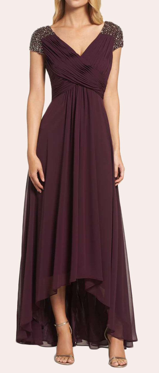 MACloth Träger V-Ausschnitt Flügelärmel Hi-Lo Chiffon Abendkleid Silber Kleid für die Mutter der Braut