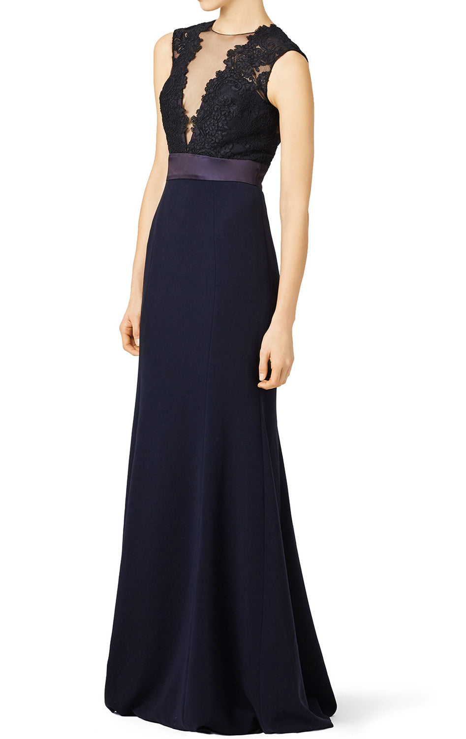 Vestido de noche largo de jersey con encaje de sirena MACloth en azul marino oscuro para madre de la novia