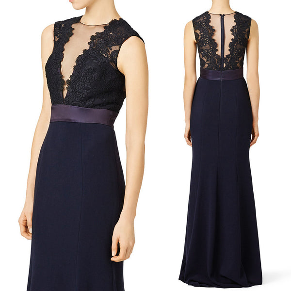 MACloth Mermaid Lace Jersey Long Evening Gown Dark Navy Mother of the Brides Dress