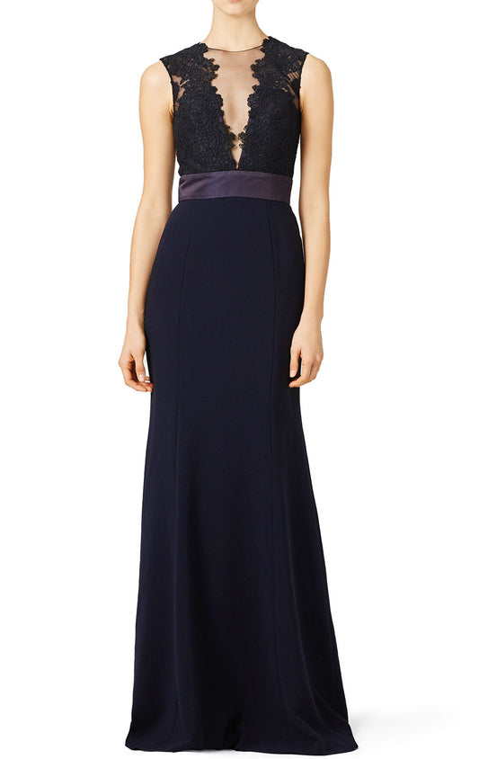 Vestido de noche largo de jersey con encaje de sirena MACloth en azul marino oscuro para madre de la novia